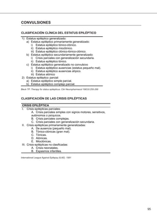 95
CONVULSIONES
CLASIFICACIÓN CLÍNICA DEL ESTATUS EPILÉPTICO
Bleck TP: Therapy for status epilepticus. Clin Neuropharmacol 1983;6:255-269
CLASIFICACIÓN DE LAS CRISIS EPILÉPTICAS
International League Against Epilepsy (ILAE). 1981
 
