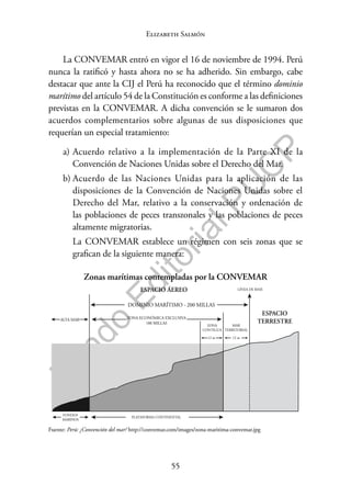 55
F
o
n
d
o
E
d
i
t
o
r
i
a
l
P
U
C
P
Elizabeth Salmón
La CONVEMAR entró en vigor el 16 de noviembre de 1994. Perú
nunca la ratificó y hasta ahora no se ha adherido. Sin embargo, cabe
destacar que ante la CIJ el Perú ha reconocido que el término dominio
marítimo del artículo 54 de la Constitución es conforme a las definiciones
previstas en la CONVEMAR. A dicha convención se le sumaron dos
acuerdos complementarios sobre algunas de sus disposiciones que
requerían un especial tratamiento:
a) Acuerdo relativo a la implementación de la Parte XI de la
Convención de Naciones Unidas sobre el Derecho del Mar.
b) Acuerdo de las Naciones Unidas para la aplicación de las
disposiciones de la Convención de Naciones Unidas sobre el
Derecho del Mar, relativo a la conservación y ordenación de
las poblaciones de peces transzonales y las poblaciones de peces
altamente migratorias.
La CONVEMAR establece un régimen con seis zonas que se
grafican de la siguiente manera:
Zonas marítimas contempladas por la CONVEMAR
ESPACIO ÁEREO
ESPACIO
TERRESTRE
DOMINIO MARÍTIMO - 200 MILLAS
ZONA ECONÓMICA EXCLUSIVA
188 MILLAS
MAR
TERRITORIAL
ZONA
CONTIGUA
LÍNEA DE BASE
PLATAFORMA CONTINENTAL
12 m 12 m
FONDOS
MARINOS
ALTA MAR
Fuente: Perú: ¿Convención del mar? http://convemar.com/images/zona-maritima-convemar.jpg
 