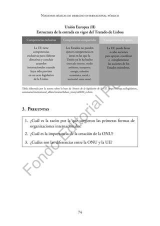 74
F
o
n
d
o
E
d
i
t
o
r
i
a
l
P
U
C
P
Nociones básicas de derecho internacional público
Unión Europea (II)
Estructura de la entrada en vigor del Tratado de Lisboa
Competencias exclusivas Competencias compartidas Competencias de apoyo
La UE tiene
competencias
exclusivas para elaborar
directivas y concluir
acuerdos
internacionales cuando
haya sido previsto
en un acto legislativo
de la Unión.
Los Estados no pueden
ejercer competencia en
áreas en las que la
Unión ya lo ha hecho
(mercado interno, medio
ambiente, transporte,
energía, cohesión
económica, social y
territorial, entre otras).
La UE puede llevar
a cabo acciones
para apoyar, coordinar
o complementar
las acciones de los
Estados miembros.
Tabla elaborada por la autora sobre la base de Síntesis de la legislación de la UE. http://europa.eu/legislation_
summaries/institutional_affairs/treaties/lisbon_treaty/ai0020_es.htm
3. Preguntas
1. ¿Cuál es la razón por la que surgieron las primeras formas de
organizaciones internacionales?
2. ¿Cuál es la importancia de la creación de la ONU?
3. ¿Cuáles son las diferencias entre la ONU y la UE?
 