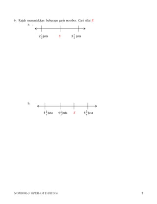 NOMBOR & OPERASI TAHUN 6 3
6. Rajah menunjukkan beberapa garis nombor. Cari nilai S.
a. .
b.
2
1
2
juta S 3
1
2
juta
4
1
3...