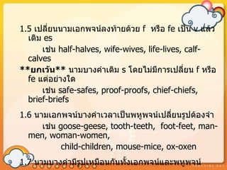 1.5 เปลี่ยนนำมเอกพจน์ลงท้ำยด้วย f หรือ fe เป็น v แล้ว
  เติม es
      เช่น half-halves, wife-wives, life-lives, calf-
  calves
**ยกเว้น** นำมบำงคำำเติม s โดยไม่มีกำรเปลี่ยน f หรือ
  fe แต่อย่ำงใด
      เช่น safe-safes, proof-proofs, chief-chiefs,
  brief-briefs
1.6 นำมเอกพจน์บำงคำำเวลำเป็นพหูพจน์เปลี่ยนรูปต้องจำำ
      เช่น goose-geese, tooth-teeth, foot-feet, man-
  men, woman-women,
            child-children, mouse-mice, ox-oxen
1.7 นำมบำงคำำมีรูปเหมือนกันทั้งเอกพจน์และพหูพจน์
 
