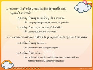 1.3 นามเอกพจน์ลงท้ายด้วย y การเปลี่ยนเป็นรูปพหูพจน์ขึ้นอยู่กับ
    กฎเกณฑ์ 2 ประการคือ
          1.3.1 หน้า y เป็นพยัญชนะ เปลี่ยน y เป็น i และเติม es
                 เช่น company-companies, city-cities, lady-ladies
          1.3.2 หน้า y เป็นสระ a, e, i, o, u คง y ไว้แล้วเติม s
                 เช่น day-days, key-keys, way-ways
1.4 นามเอกพจน์ลงท้ายด้วย o การเปลี่ยนเป็นรูปพหูพจน์ขึ้นอยู่กับกฎเกณฑ์ 2 ประการคือ
           1.4.1 หน้า o เป็นพยัญชนะเติม es
                  เช่น potato-potatoes, mango-mangoes,
           1.4.2 หน้า o เป็นสระ เติม s
                  เช่น radio-radios, studio-studios, zoo-zoos, cuckoo-cuckoos,
                        bamboo-bamboos, kangaroo-kangaroos
 