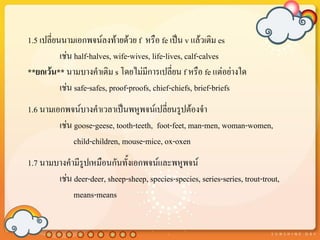 1.5 เปลี่ยนนามเอกพจน์ลงท้ายด้วย f หรือ fe เป็น v แล้วเติม es
           เช่น half-halves, wife-wives, life-lives, calf-calves
**ยกเว้น** นามบางคาเติม s โดยไม่มีการเปลี่ยน f หรือ fe แต่อย่างใด
           เช่น safe-safes, proof-proofs, chief-chiefs, brief-briefs
1.6 นามเอกพจน์บางคาเวลาเป็นพหูพจน์เปลี่ยนรูปต้องจา
         เช่น goose-geese, tooth-teeth, foot-feet, man-men, woman-women,
              child-children, mouse-mice, ox-oxen
1.7 นามบางคามีรูปเหมือนกันทั้งเอกพจน์และพหูพจน์
        เช่น deer-deer, sheep-sheep, species-species, series-series, trout-trout,
             means-means
 