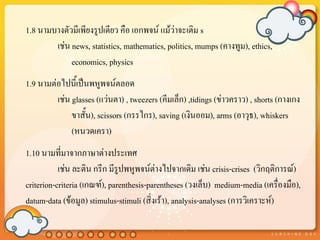 1.8 นามบางตัวมีเพียงรูปเดียว คือ เอกพจน์ แม้ว่าจะเติม s
        เช่น news, statistics, mathematics, politics, mumps (คางทูม), ethics,
             economics, physics
1.9 นามต่อไปนี้เป็นพหูพจน์ตลอด
         เช่น glasses (แว่นตา) , tweezers (คีมเล็ก) ,tidings (ข่าวคราว) , shorts (กางเกง
              ขาสั้น), scissors (กรรไกร), saving (เงินออม), arms (อาวุธ), whiskers
              (หนวดเครา)
1.10 นามที่มาจากภาษาต่างประเทศ
           เช่น ละติน กรีก มีรูปพหูพจน์ต่างไปจากเดิม เช่น crisis-crises (วิกฤติการณ์)
criterion-criteria (เกณฑ์), parenthesis-parentheses (วงเล็บ) medium-media (เครืองมือ),
                                                                                  ่
datum-data (ข้อมูล) stimulus-stimuli (สิ่งเร้า), analysis-analyses (การวิเคราะห์)
 