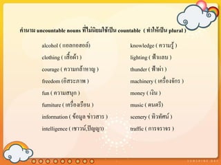 คานาม uncountable nouns ที่ไม่นิยมใช้เป็น countable ( ทาให้เป็น plural )
         alcohol ( แอลกอฮอล์)                  knowledge ( ความรู้ )
         clothing ( เสื้อผ้า )                 lighting ( ฟ้าแลบ )
         courage ( ความกล้าหาญ )               thunder ( ฟ้าผ่า )
         freedom (อิสระภาพ )                   machinery ( เครืองจักร )
                                                                ่
         fun ( ความสนุก )                      money ( เงิน )
         furniture ( เครื่องเรือน )            music ( ดนตรี)
         information ( ข้อมูล ข่าวสาร )        scenery ( ทิวทัศน์ )
         intelligence ( เชาวน์,ปัญญา)          traffic ( การจราจร )
 