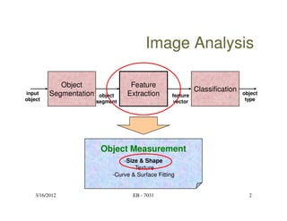 Image Analysis

             Object                 Feature
                                                               Classification
input     Segmentation    object   Extraction        feature                    object
object                   segment                      vector                     type




                          Object Measurement
                                  -Size & Shape
                                     -Texture
                              -Curve & Surface Fitting


    3/16/2012                        EB - 7031                                    2
 