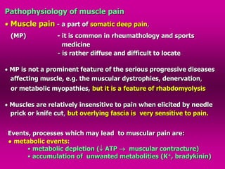 Pathophysiology of muscle pain
 Muscle pain - a part of somatic deep pain,
(MP) - it is common in rheumathology and sports
medicine
- is rather diffuse and difficult to locate
 MP is not a prominent feature of the serious progressive diseases
affecting muscle, e.g. the muscular dystrophies, denervation,
or metabolic myopathies, but it is a feature of rhabdomyolysis
 Muscles are relatively insensitive to pain when elicited by needle
prick or knife cut, but overlying fascia is very sensitive to pain.
Events, processes which may lead to muscular pain are:
● metabolic events:
• metabolic depletion ( ATP  muscular contracture)
• accumulation of unwanted metabolities (K+, bradykinin)
 