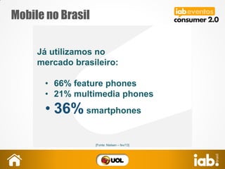 Mobile no Brasil
Já utilizamos no
mercado brasileiro:
• 66% feature phones
• 21% multimedia phones
• 36% smartphones
{Fonte: Nielsen – fev/13}
 