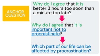 ANCHOR
QUESTION
Why do I agree that it is
better 3 hours too soon than
a minute too late?
Why do I agree that it is
important not to
procrastinate?
Which part of our life can be
affected by procrastination?
 