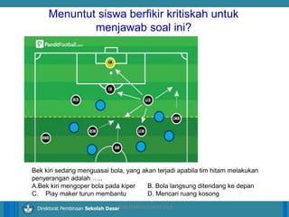 14/04/2021 21
14/04/2021 21
14/04/2021 21
Direktorat Pembinaan Sekolah Dasar
ilham LPMP/Soal HOTS 2018
Menuntut siswa berfikir kritiskah untuk
menjawab soal ini?
Bek kiri sedang menguasai bola, yang akan terjadi apabila tim hitam melakukan
penyerangan adalah …..
A.Bek kiri mengoper bola pada kiper B. Bola langsung ditendang ke depan
C. Play maker turun membantu D. Mencari ruang kosong
 