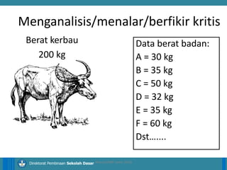 14/04/2021 25
14/04/2021 25
14/04/2021 25
Direktorat Pembinaan Sekolah Dasar
Menganalisis/menalar/berfikir kritis
Data berat badan:
A = 30 kg
B = 35 kg
C = 50 kg
D = 32 kg
E = 35 kg
F = 60 kg
Dst…....
ilham/LPMP Jatim 2018
Berat kerbau
200 kg
 