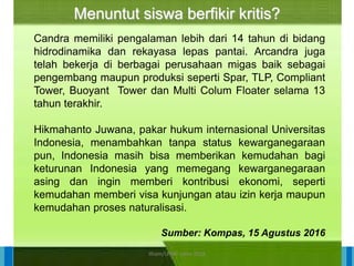 14/04/2021 27
14/04/2021 27
14/04/2021 27
Direktorat Pembinaan Sekolah Dasar
14/04/2021 27
14/04/2021 27
14/04/2021 27
Direktorat Pembinaan Sekolah Dasar
Menuntut siswa berfikir kritis?
Candra memiliki pengalaman lebih dari 14 tahun di bidang
hidrodinamika dan rekayasa lepas pantai. Arcandra juga
telah bekerja di berbagai perusahaan migas baik sebagai
pengembang maupun produksi seperti Spar, TLP, Compliant
Tower, Buoyant Tower dan Multi Colum Floater selama 13
tahun terakhir.
Hikmahanto Juwana, pakar hukum internasional Universitas
Indonesia, menambahkan tanpa status kewarganegaraan
pun, Indonesia masih bisa memberikan kemudahan bagi
keturunan Indonesia yang memegang kewarganegaraan
asing dan ingin memberi kontribusi ekonomi, seperti
kemudahan memberi visa kunjungan atau izin kerja maupun
kemudahan proses naturalisasi.
Sumber: Kompas, 15 Agustus 2016
ilham/LPMP Jatim 2018
 