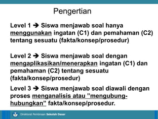 14/04/2021 37
14/04/2021 37
14/04/2021 37
Direktorat Pembinaan Sekolah Dasar
Level 1  Siswa menjawab soal hanya
menggunakan ingatan (C1) dan pemahaman (C2)
tentang sesuatu (fakta/konsep/prosedur)
Level 2  Siswa menjawab soal dengan
mengaplikasikan/menerapkan ingatan (C1) dan
pemahaman (C2) tentang sesuatu
(fakta/konsep/prosedur)
Level 3  Siswa menjawab soal diawali dengan
proses menganalisis atau ”mengubung-
hubungkan” fakta/konsep/prosedur.
Pengertian
 