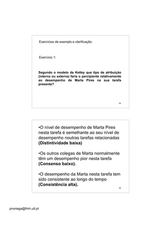 pnoriega@fmh.utl.pt
34
Exercícios de exemplo e clarificação:
Exercício 1:
Segundo o modelo de Kelley que tipo de atribuição
(interna ou externa) faria o percipiente relativamente
ao desempenho de Marta Pires na sua tarefa
presente?
35
•O nível de desempenho de Marta Pires
nesta tarefa é semelhante ao seu nível de
desempenho noutras tarefas relacionadas
(Distintividade baixa)
•Os outros colegas de Marta normalmente
têm um desempenho pior nesta tarefa
(Consenso baixo).
•O desempenho da Marta nesta tarefa tem
sido consistente ao longo do tempo
(Consistência alta).
 