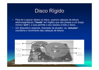Disco Rígido
• Para ler e gravar dados no disco, usamos cabeças de leitura
  eletromagnéticas (“heads” em Inglês) que são presas a um braço
  móvel (“arm”), o que permite o seu acesso a todo o disco.
• Um dispositivo especial, chamado de atuador, ou “actuator”,
  coordena o movimento das cabeças de leitura.




Introdução à Ciência
Introduç
da Computação
    Computaç              Eduardo Nicola F. Zagari                 39
 