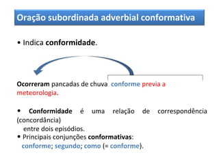Oração subordinada adverbial conformativa
• Indica conformidade.
Ocorreram pancadas de chuva conforme previa a
meteorologia.
• Conformidade é uma relação de correspondência
(concordância)
entre dois episódios.
• Principais conjunções conformativas:
conforme; segundo; como (= conforme).
 