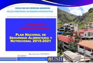 Universidad Nacional de Huancavelica
ASIGNATURA:
SEGURIDAD ALIMENTARIA
PLAN NACIONAL DE
SEGURIDAD ALIMENTARIA Y
NUTRICIONAL 2015-2021
Mg. Jovencio, TICSIHUA
HUAMAN
04/11/2021
1
FACULTAD DE CIENCIAS AGRARIAS
ESCUELA PROFESIONAL DE INGENIERÍAAGROINDUSTRIAL
 