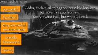Jesus’ T
roubled Prayers
Abba, Father, all things are possible for you.
Remove this cup from me.
Yet not what I will, but ...