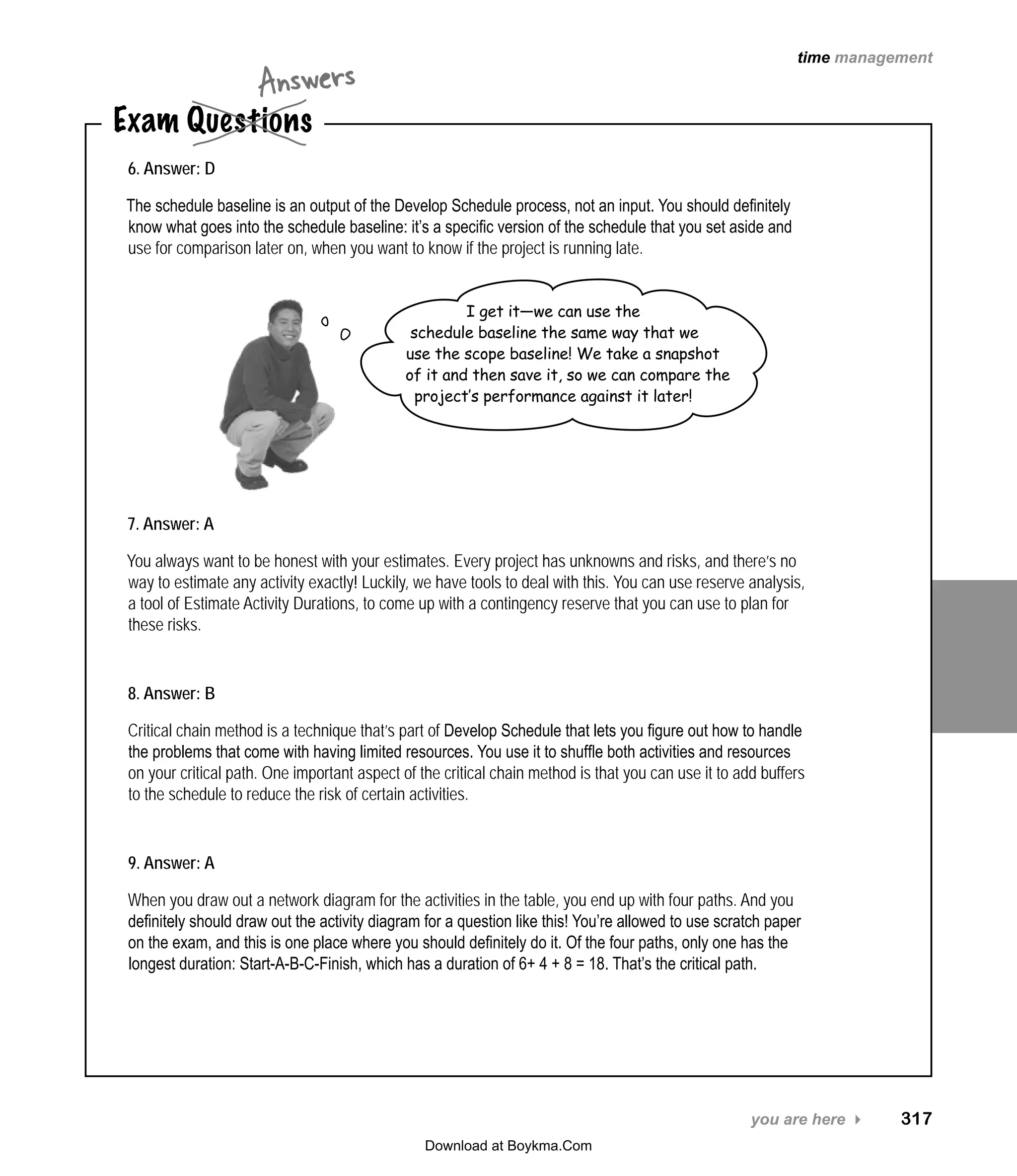 you are here 4   317
time management
Exam Questions
Answers
6. Answer: D
The schedule baseline is an output of the Develop Schedule process, not an input. You should definitely
know what goes into the schedule baseline: it’s a specific version of the schedule that you set aside and
use for comparison later on, when you want to know if the project is running late.
7. Answer: A
You always want to be honest with your estimates. Every project has unknowns and risks, and there’s no
way to estimate any activity exactly! Luckily, we have tools to deal with this. You can use reserve analysis,
a tool of Estimate Activity Durations, to come up with a contingency reserve that you can use to plan for
these risks.
8. Answer: B
Critical chain method is a technique that’s part of Develop Schedule that lets you figure out how to handle
the problems that come with having limited resources. You use it to shuffle both activities and resources
on your critical path. One important aspect of the critical chain method is that you can use it to add buffers
to the schedule to reduce the risk of certain activities.
9. Answer: A
When you draw out a network diagram for the activities in the table, you end up with four paths. And you
definitely should draw out the activity diagram for a question like this! You’re allowed to use scratch paper
on the exam, and this is one place where you should definitely do it. Of the four paths, only one has the
longest duration: Start‑A‑B‑C‑Finish, which has a duration of 6+ 4 + 8 = 18. That’s the critical path.
I get it—we can use the
schedule baseline the same way that we
use the scope baseline! We take a snapshot
of it and then save it, so we can compare the
project’s performance against it later!
Download at Boykma.Com
 