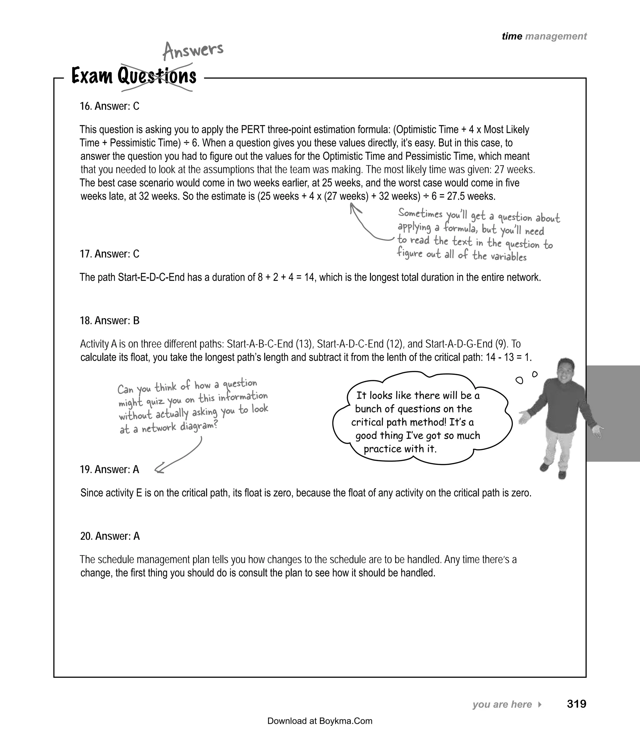 you are here 4   319
time management
Exam Questions
Answers
16. Answer: C
This question is asking you to apply the PERT three-point estimation formula: (Optimistic Time + 4 x Most Likely
Time + Pessimistic Time) ÷ 6. When a question gives you these values directly, it’s easy. But in this case, to
answer the question you had to figure out the values for the Optimistic Time and Pessimistic Time, which meant
that you needed to look at the assumptions that the team was making. The most likely time was given: 27 weeks.
The best case scenario would come in two weeks earlier, at 25 weeks, and the worst case would come in five
weeks late, at 32 weeks. So the estimate is (25 weeks + 4 x (27 weeks) + 32 weeks) ÷ 6 = 27.5 weeks.
17. Answer: C
The path Start-E-D-C-End has a duration of 8 + 2 + 4 = 14, which is the longest total duration in the entire network.
18. Answer: B
Activity A is on three different paths: Start-A-B-C-End (13), Start-A-D-C-End (12), and Start-A-D-G-End (9). To
calculate its float, you take the longest path’s length and subtract it from the lenth of the critical path: 14 - 13 = 1.
19. Answer: A
Since activity E is on the critical path, its float is zero, because the float of any activity on the critical path is zero.
20. Answer: A
The schedule management plan tells you how changes to the schedule are to be handled. Any time there’s a
change, the first thing you should do is consult the plan to see how it should be handled.
It looks like there will be a
bunch of questions on the
critical path method! It’s a
good thing I’ve got so much
practice with it.
Sometimes you’ll get a question about
applying a formula, but you’ll need
to read the text in the question to
figure out all of the variables
Can you think of how a question
might quiz you on this information
without actually asking you to look
at a network diagram?
Download at Boykma.Com
 