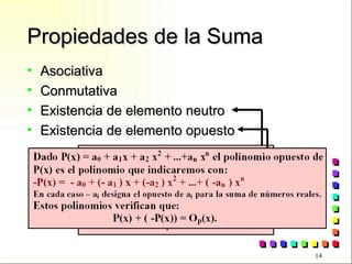 Propiedades de la Suma Asociativa Conmutativa Existencia de elemento neutro Existencia de elemento opuesto 