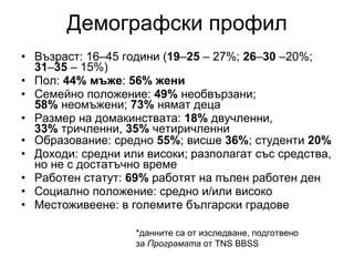 Демографски профил Възраст: 16–45 години ( 19 – 25  – 27%;  26 – 30  –20%;  31 – 35  – 15%) Пол:  44% мъже :  56% жени Семейно положение:  49%  необвързани;  58%  неомъжени;  73%  нямат деца Размер на домакинствата:   18%  двучленни,  33%  тричленни,  35%  четиричленни Образование: средно  55% ; висше  36% ; студенти  20%   Доходи: средни или високи; разполагат със средства, но не с достатъчно време Работен статут:  69%  работят на пълен работен ден Социално положение: средно и/или високо Местоживеене: в големите български градове *данните са от изследване, подготвено за  Програмата  от TNS BBSS 