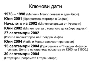 Ключови дати 1978 – 1998   (Милен и Манол живеят в един блок)   Юни 2001   (Програмата стартира в София) Началото на 2002   (Милен се връща от Франция) Юни 2002   (Милен тръгва с колелото да събира адреси)  27 септември 2002   (Излиза първият брой на Пловдив Инфо) Юни 2004   (Чаба и Манол започват преговори) 15 септември 2004  (Програмата и Пловдив Инфо се сливат. Цената на страница пораства от  €200 на €1000. ) 30 септември 2004  (Стартира Програмата Стара Загора) 