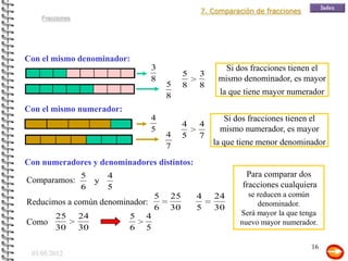 7. Comparación de fracciones
    Fracciones




Con el mismo denominador:
                               3                    Si dos fracciones tienen el
                                         5   3
                               8                  mismo denominador, es mayor
                                   5     8   8
                                   8              la que tiene mayor numerador
Con el mismo numerador:
                               4                   Si dos fracciones tienen el
                                         4   4
                               5                  mismo numerador, es mayor
                                   4     5   7
                                   7             la que tiene menor denominador

Con numeradores y denominadores distintos:
                 5       4                               Para comparar dos
Comparamos:          y
                 6       5                              fracciones cualquiera
                               5    25       4   24       se reducen a común
Reducimos a común denominador:                               denominador.
                               6    30       5   30
       25    24          5 4                            Será mayor la que tenga
Como                                                    nuevo mayor numerador.
       30    30          6 5

                                                                             16
 03/05/2012
 