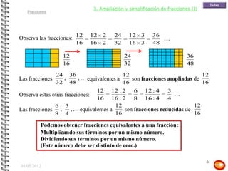 3. Ampliación y simplificación de fracciones (I)
   Fracciones




                          12   12   2    24     12    3    36
Observa las fracciones:                                       ...
                          16   16   2    32     16    3    48

                   12                         24                           36
                   16                         32                           48

                 24 36                      12                             12
Las fracciones     ,   , ... equivalentes a    son fracciones ampliadas de
                 32 48                      16                             16
                                 12        12 : 2    6 12 : 4      3
Observa estas otras fracciones:                                      ...
                                 16        16 : 2    8 16 : 4      4
               6 3                          12                               12
Las fracciones ,       , ... equivalentes a      son fracciones reducidas de
               8 4                          16                               16

          Podemos obtener fracciones equivalentes a una fracción:
          Multiplicando sus términos por un mismo número.
          Dividiendo sus términos por un mismo número.
          (Este número debe ser distinto de cero.)

                                                                                   6
03/05/2012
 