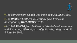 The earliest work on gait was done by BORELLI in 1682.
The WEBBER brothers in Germany gave first clear
description of GAIT CYCLE in1836.
In 1940 SCHERB from Switzerland studied various muscle
activity during different parts of gait cycle, using treadmill
& later by EMG.
 