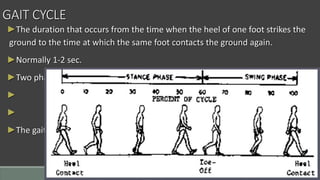 GAIT CYCLE
►The duration that occurs from the time when the heel of one foot strikes the
ground to the time at which the same foot contacts the ground again.
►Normally 1-2 sec.
►Two phases:
► 1.Stance phase-60%
► 2.Swing phase-40%
►The gait cycle consist of 2 phases for each foot
 