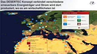Das DESERTEC Konzept verbindet verschiedene
erneuerbare Energieträger und Strom wird dort
produziert, wo es am wirtschaftlichsten ist
 