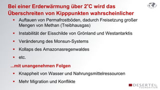 Bei einer Erderwärmung über 2°C wird das
Überschreiten von Kipppunkten wahrscheinlicher
  Auftauen von Permafrostböden, dadurch Freisetzung großer
   Mengen von Methan (Treibhausgas)
  Instabilität der Eisschilde von Grönland und Westantarktis
  Veränderung des Monsun-Systems
  Kollaps des Amazonasregenwaldes
  etc.
...mit unangenehmen Folgen
  Knappheit von Wasser und Nahrungsmittelressourcen
  Mehr Migration und Konflikte
 
