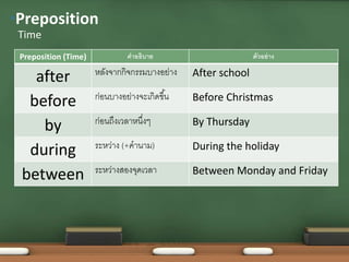 Preposition (Time) คำอธิบำย ตัวอย่ำง
after หลังจำกกิจกรรมบำงอย่ำง After school
before ก่อนบำงอย่ำงจะเกิดขึ้น Before Christmas
by ก่อนถึงเวลำหนึ่งๆ By Thursday
during ระหว่ำง (+คำนำม) During the holiday
between ระหว่ำงสองจุดเวลำ Between Monday and Friday
Time
•Preposition
 