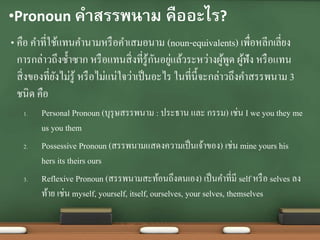 •Pronoun คาสรรพนาม คืออะไร?
• คือ คาที่ใช้แทนคานามหรือคาเสมอนาม (noun-equivalents) เพื่อหลีกเลี่ยง
การกล่าวถึงซ้าซาก หรือแทนสิ่งที่รู้กันอยู่แล้วระหว่างผู้พูด ผู้ฟัง หรือแทน
สิ่งของที่ยังไม่รู้ หรือไม่แน่ใจว่าเป็นอะไร ในที่นี้จะกล่าวถึงคาสรรพนาม 3
ชนิด คือ
1. Personal Pronoun (บุรุษสรรพนาม : ประธาน และ กรรม) เช่น I we you they me
us you them
2. Possessive Pronoun (สรรพนามแสดงความเป็นเจ้าของ) เช่น mine yours his
hers its theirs ours
3. Reflexive Pronoun (สรรพนามสะท้อนถึงตนเอง) เป็นคาที่มี self หรือ selves ลง
ท้าย เช่น myself, yourself, itself, ourselves, your selves, themselves
 