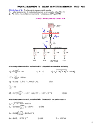 MAQUINAS ELECTRICAS III ESCUELA DE INGENIERIA ELECTRICA UNAC - FIEE
13
PROBLEMA N° 2.- En el siguiente esquema se le solicita:
1.- Hallar las corrientes de cortocircuito cunado se produce las fallas F1 y F2.
2.- Asi mismo hacer el dimensionamiento y seleccionar el IP1 y el ITM1.
Cálculos para encontrar la impedancia ZQ” (impedancia interna de la fuente)
𝑍 𝑄
II
=
1.1𝑥102
100
= 1.1Ω 𝑅 𝑄≈0.1 𝑋 𝑄
II
𝑍 𝑄
II
= √0.1 𝑋 𝑄
II2
+ 𝑋 𝑄
II2
= 1.005 𝑋 𝑄
II
𝑋 𝑄
II
=
1.1
1.005
= 1.0945Ω
𝑍 𝑄
II
= 0.1095 + 𝐽1.0945 = 1.0999∟84.30
Ω 10KV
𝑅 𝑄
𝑋 𝑄
II
= 0.1
𝑍 𝑄
II
= 1.0999(
0.46
10
)2
= 0.2317 + 𝑗 2.3159 = 2.3274𝑥10−3
Ω 0.46 kV
Cálculos para encontrar la impedancia ZT (Impedancia del transformador)
µ 𝑋 = √4.372 − 0.22 = 4.3654%
𝑋 𝑇 = 0.043654 (
0.462
0.16
) = 0.05773 0.46𝐾𝑉
𝑅 𝑇 = 0.002 (
0.462
0.16
) = 2.645𝑥10−3
Ω
𝑍 𝑇 = 2.645 + 𝑗 57.73 10−3
0.46𝐾𝑉 𝑍 𝑇 = 0.0578Ω
CORTO CIRCUITO DENTRO DE UNA RED
SELECCION DE LOS IA NORMAS INTERNACIONALES IEC - VDE Msc. ING. HUBER MURILLO M
TIPOS DE CORTO CIRCUITOS DIVERSOS
ITM
REG.
0.44 KV, 60 HZ
M
3
ITM5
M
3
ITM4
M
3
M
3
ITM2 ITM3
52IP1
ITM1
Sn = 160 KVA
Uz = 4.37%
Ur = 0.2%
Dny5
Sn = 100 MVA
t = 0.02 seg.
F1
F2
F3
10 KV, 60 HZ
MATJA WEG DE
60 HP, 4 PLOOS
40 KW 35 KW 18 KW
 