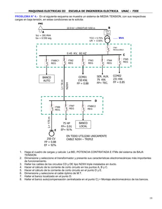 MAQUINAS ELECTRICAS III ESCUELA DE INGENIERIA ELECTRICA UNAC - FIEE
19
PROBLEMA N° 4.- En el siguiente esquema se muestra un sistema de MEDIA TENSION, con sus respectivas
cargas en baja tensión, en estas condiciones se le solicita:
1. Haga el cuadro de cargas y calcule: La MD, POTENCIA CONTRATADA E ITMs del sistema de BAJA
TENSION.
2. Dimensione y seleccione el transformador y presente sus características electromecánicas más importantes
de funcionamiento.
3. Hallar los cables de los circuitos CD y DE tipo N2XH triple instalados en ducto.
4. Hacer el cálculo de la corriente de corto circuito en los puntos A, B y C.
5. Hacer el cálculo de la corriente de corto circuito en el punto D y E.
6. Dimensione y seleccione el cable óptimo de M.T.
7. Hallar el banco localizado en el punto D.
8. Hallar el banco auto(compensación centralizada en el punto C).+ Montaje electromecánico de los bancos.
ITM1
REGULABLE
22.9 kV LONGITUD 1200 m
…… MVA
CUT
OUT
PMI
Scc = 395 MVA
tsv = 0.550 seg.
A
B
0.45 KV, 60 HZ
SER. AUX.
79 KW.
FP= TEC.
CCM02
231 KW.
FP = 0.85
C
ITM2
REG
ITM3
REG
ITM5
REG
CCM01
150 KW,
FP = 0.88
75 HP
FP= 0.91
EF= 91%
ITM6
REG.
ITM7
REG
250 CV
FP = 0.88
EF = 92%
ITM4
REG
L=14m
D
E
EN TODO UTILIZAR UNICAMENTE
CABLE N2XH – TRIPLE
TCC = 5.75%
UR = 0.55%
L=175m
N2XH
BANCO
AUTO
ITMBC1
REG
BANCO
LOCAL
ITMBC2
REG
 
