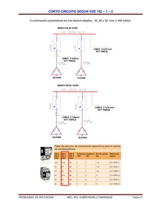 CORTO CIRCUITO SEGUN VDE 102 – 1 – 2
PROBLEMAS DE APLICACION MSC. ING. HUBER MURILLO MANRIQUE Página 9
A continuación presentamos los tres bancos elegidos: 40, 60 y 90 kvar a 440 voltios.
 
