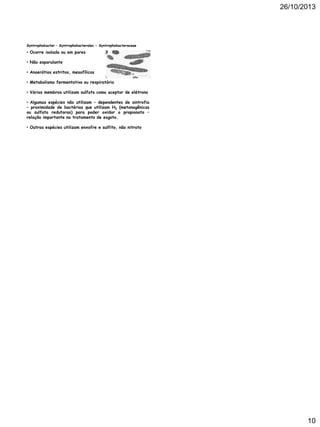 26/10/2013

Syntrophobacter – Syntrophobacterales - Syntrophobacteraceae

• Ocorre isolada ou em pares
• Não esporulante
• Anaerótios estritos, mesofílicos
• Metabolismo fermentativo ou respiratório
• Vários membros utilizam sulfato como aceptor de elétrons
• Algumas espécies não utilizam – dependentes de sintrofia
– proximidade de bactérias que utilizam H2 (metanogênicas
ou sulfato redutoras) para poder oxidar o propionato –
relação importante no tratamento de esgoto.
• Outras espécies utilizam enxofre e sulfito, não nitrato

10

 