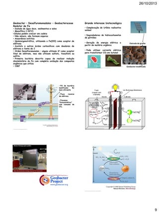 26/10/2013

Geobacter – Desulfuromonadales - Geobacteraceae
Redutor de Fe

• Isolado de água doce, sedimentos e solos
• Mesofílico (~30°C)
•Células podem crescer em cadeia
• Não móveis, não formam esporos
• Anaeróbios estritos
• Quimiorganotrófico, utilizando o Fe(III) como aceptor de
elétrons
• Acetato e outros ácidos carboxílicos com doadores de
elétrons e fonte de C
• Orden Desulfuromonales – alguns utilizam S0 como aceptor
final de elétrons, mas não utilizam sulfato, tiosulfato ou
sulfito.
• Primeira bactéria descrita capaz de realizar redução
dissimilatória do Fe com completa oxidação dos compostos
orgânicos que utiliza
• 1987

Grande interesse biotecnológico
• Complexação de Urânio radioativo
solúvel
• Degradadores de hidrocarbonetos
de petróleo
• Geração de energia elétrica a
partir de matéria orgânica

Eletrodo de grafite

• Pode utilizar corrente elétrica
para transformar CO2 em butanol

http://www.physorg.com/news192113023.html

http://www.a mazingpretty.com/2010/04/10/uranium-waste-bacteria-metallireducens-bacteria-green/
http://4.bp.blogspot.com/_Sh06gX2xum8/S84I6UwWeYI/AAAAAAAAALI/M6pv0VgWw4g/s1600/inventions_electric_microbeimg.timeinc.ne.jpg

Geobacter modificada

• Pili de bactéria
modificada:
8x
mais eficiente
• Fluxo
reverso
de elétrons
• Processo
“fotossintético”
com consumo de
CO2

http://2.bp.blogspot.com/_Sh06gX2xum8/S84IvnMD1tI/AAAAAAAAALA/VDB0VM4OD2s/s1600/image005.gif
http://www.nature.com/nrmicro/journal/v4/n7/fig_tab/nrmicro1442_F5.html

http://1.bp.blogspot.com/_Sh06gX2xum8/S84IEAuM3wI/AAAAAAAAAKo/AdNYOJHH85k/s1600/bloom_box2.jpg

http://www.nature.com/nrmicro/journal/v4/n10/fig_tab/nrmicro1490_F1.html#figure-title

9

 