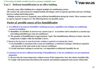17
17
Case 3 Deficient humidification in an office building
Recently, many office buildings have adopted multiple air-conditioning systems.
The reasons why such systems are adopted include advantages, such as separate operation and easy switching
between cooling and heating modes.
Multiple systems, however, frequently cause deficient humidification during the winter. More customers tend
to express requests to improve it. The following factors are possible causes.
Factor of possible causes of less humidification
Factor of possible causes of less humidification
1. It is difficult to incorporate humidifiers satisfying necessary capabilities into multiple air-conditioning
systems for buildings.
*1: Humidifier are installed in one/two-way cassette type or to an indoor unit is attached to a cassette type
and ceiling-embedded type room air-conditioners.
*2: The quantity of humidification is approximately 1 kg/h. The humidification efficiency is better when the
temperature is higher while the humidity is lower.
2. Based on the increase in room heat loads, cooling is required even during the winter.
*1: If a humidifier is associated with a room air-conditioner, a total heat exchanger with direct expansion
coils operates in the same mode as the room air conditioner.
*2: If only total heat exchange is carried out, it is impossible to sufficiently humidify the air.
3. Customers do not have sufficient knowledge of humidification, or the air-conditioners are not maintained
adequately.
*1: Do not raise the room temperature without reason. If the temperature rises, the relative humidity falls.
*2: Comply with instructions described in the manual, and maintain equipment and systems without fail.
3. Prevention of similar troubles based on customer complaint cases
 