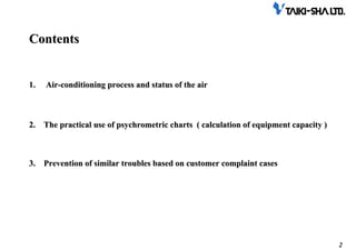 2
2
Contents
Contents
1.
1. Air
Air-
-conditioning process and
conditioning process and status of the
status of the air
air
2.
2. The p
The practical us
ractical use
e of
of p
psych
sychr
rometric
ometric chart
charts
s (
( c
calculation of equipment capacity )
alculation of equipment capacity )
3.
3. Prevention of similar troubles based on customer complaint cases
Prevention of similar troubles based on customer complaint cases
 