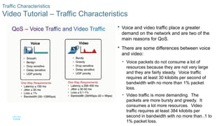 10
© 2016 Cisco and/or its affiliates. All rights reserved. Cisco Confidential
Traffic Characteristics
Video Tutorial – Traffic Characteristics
 Voice and video traffic place a greater
demand on the network and are two of the
main reasons for QoS.
 There are some differences between voice
and video:
• Voice packets do not consume a lot of
resources because they are not very large
and they are fairly steady. Voice traffic
requires at least 30 kilobits per second of
bandwidth with no more than 1% packet
loss.
• Video traffic is more demanding. The
packets are more bursty and greedy. It
consumes a lot more resources. Video
traffic requires at least 384 kilobits per
second in bandwidth with no more than .1 to
1% packet loss.
 