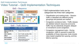 29
© 2016 Cisco and/or its affiliates. All rights reserved. Cisco Confidential
QoS Implementation Techniques
Video Tutorial – QoS Implementation Techniques
 QoS implementation tools can be
categorized into three main categories:
• Classification and marking tools – Session
traffic is classified into different priority
groupings and packets are marked.
• Congestion avoidance tools – Traffic classes
are allotted network resources and some
traffic may be selectively dropped, delayed
or remarked to avoid congestion.
• Congestion management tools – During
congestion, traffic is queued to await the
availability of those resources; tools include
class based weighted fair queuing, and low
latency queuing.
 