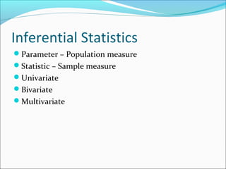 Inferential Statistics
Parameter – Population measure
Statistic – Sample measure
Univariate
Bivariate
Multivariate
 