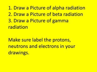 1. Draw a Picture of alpha radiation
2. Draw a Picture of beta radiation
3. Draw a Picture of gamma
radiation
Make sure label the protons,
neutrons and electrons in your
drawings.

 