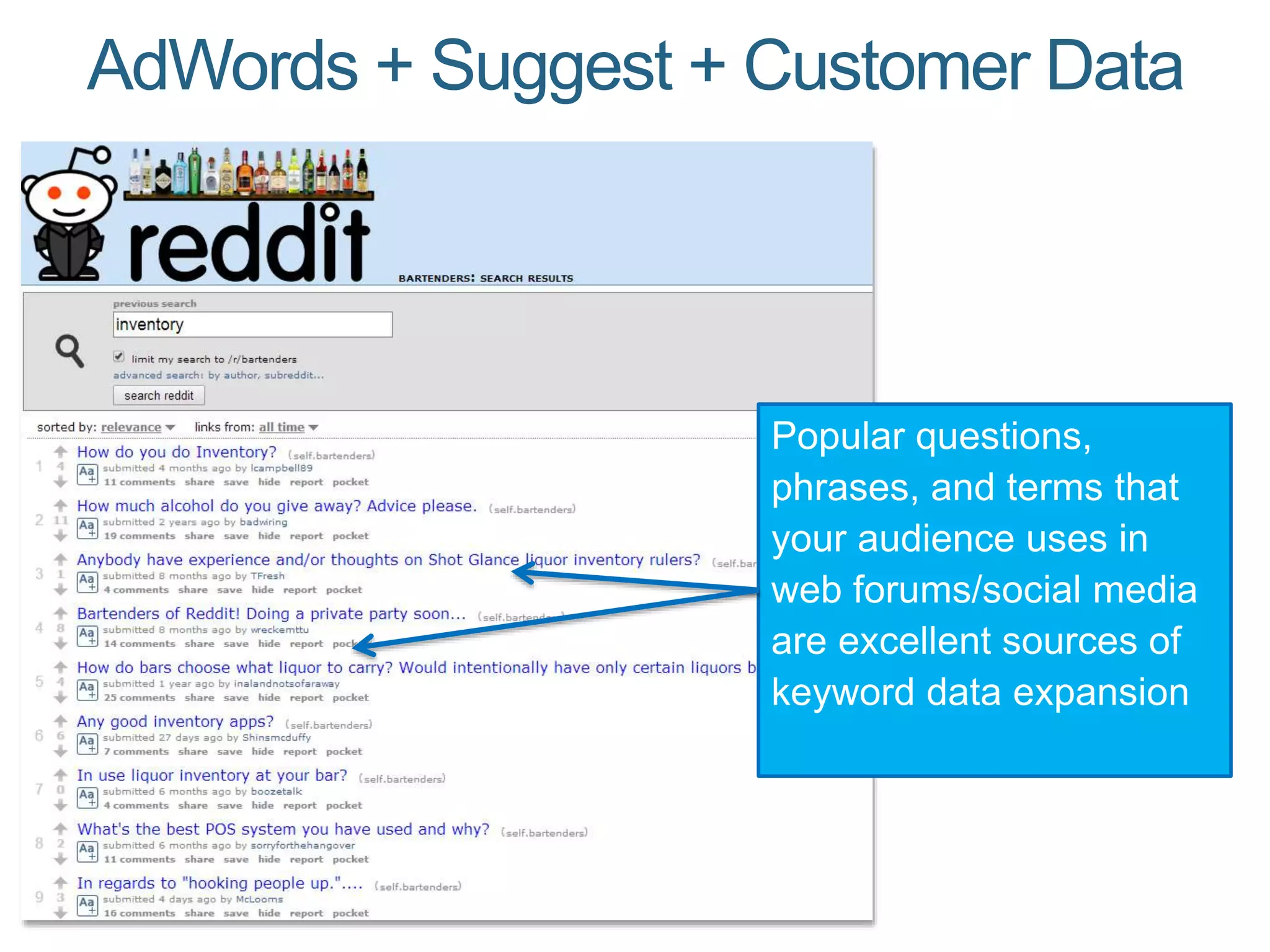 AdWords + Suggest + Customer Data
Popular questions,
phrases, and terms that
your audience uses in
web forums/social media
are excellent sources of
keyword data expansion
 