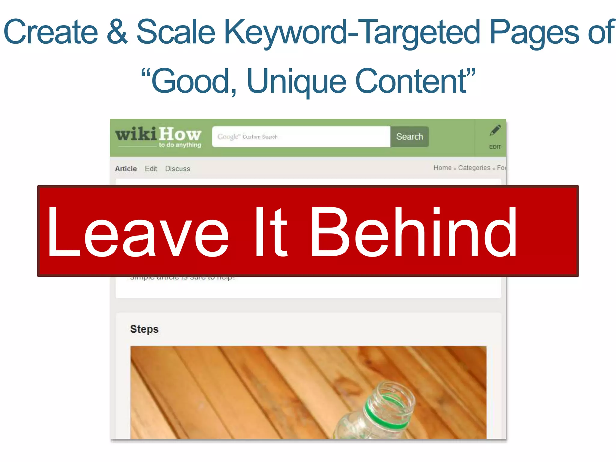 Create & Scale Keyword-Targeted Pages of
“Good, Unique Content”
Leave It Behind
 