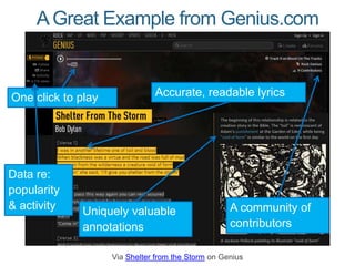 AGreat Example from Genius.com
Via Shelter from the Storm on Genius
Accurate, readable lyrics
Uniquely valuable
annotation...