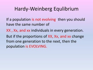 Hardy-Weinberg Equlibrium
If a population is not evolving, then you should
have the same number of
XX , Xx, and xx individuals in every generation.
But if the proportions of XX, Xx, and xx change
from one generation to the next, then the
population is EVOLVING.
 